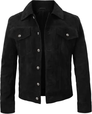 LP-FACON Mens Trucker Suede Leather Jacket - Western Style Cowboy Leather Jacket Brown/Black
