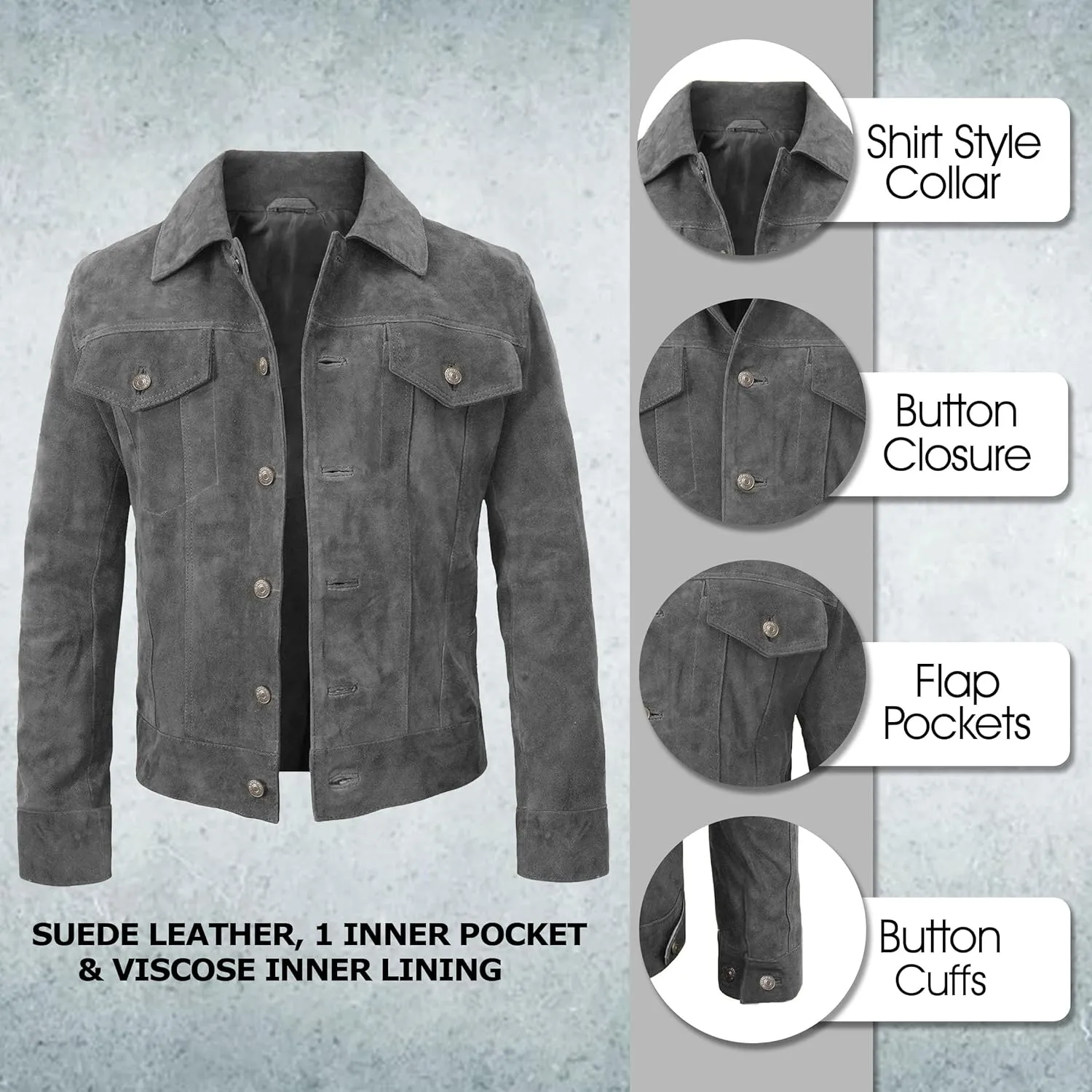 LP-FACON Mens Trucker Suede Leather Jacket - Western Style Cowboy Leather Jacket Brown/Black