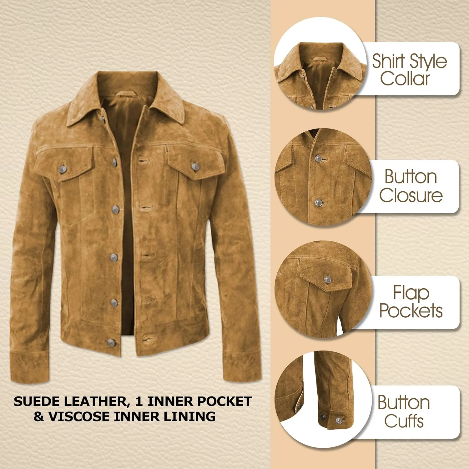 LP-FACON Mens Trucker Suede Leather Jacket - Western Style Cowboy Leather Jacket Brown/Black