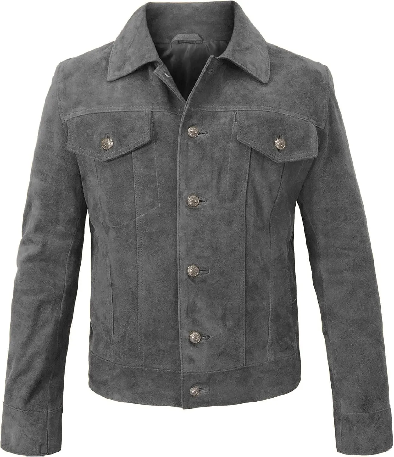 LP-FACON Mens Trucker Suede Leather Jacket - Western Style Cowboy Leather Jacket Brown/Black