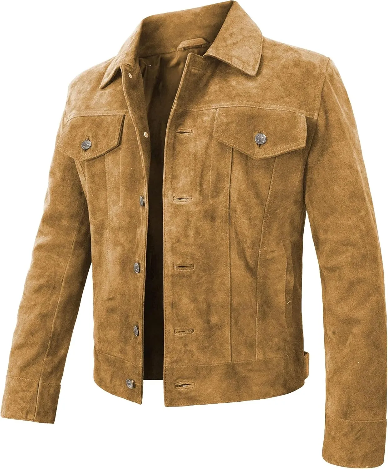 LP-FACON Mens Trucker Suede Leather Jacket - Western Style Cowboy Leather Jacket Brown/Black