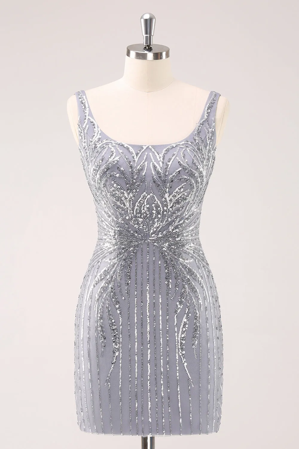 Luolandi Sparkly Grey Square Neck Short Tight Homecoming Dress with Sequins Party Dress