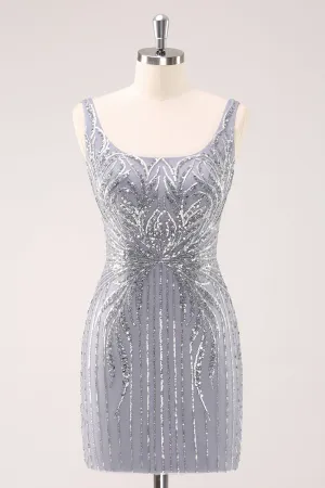 Luolandi Sparkly Grey Square Neck Short Tight Homecoming Dress with Sequins Party Dress