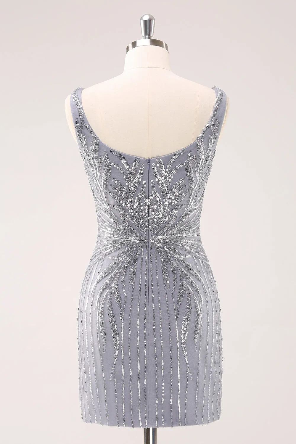 Luolandi Sparkly Grey Square Neck Short Tight Homecoming Dress with Sequins Party Dress