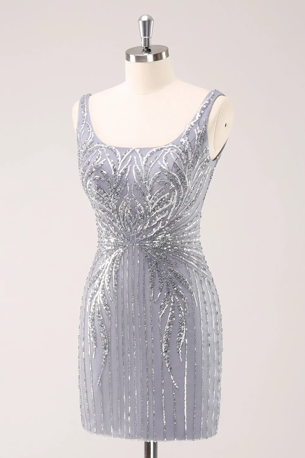 Luolandi Sparkly Grey Square Neck Short Tight Homecoming Dress with Sequins Party Dress