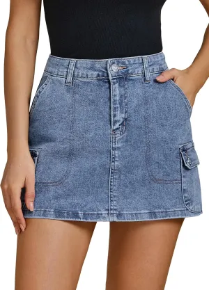 luvamia Jean Skirts for Women Denim Trendy High Waisted Mini Cargo Pockets Stretchy Short Skirt Country Concert Outfits