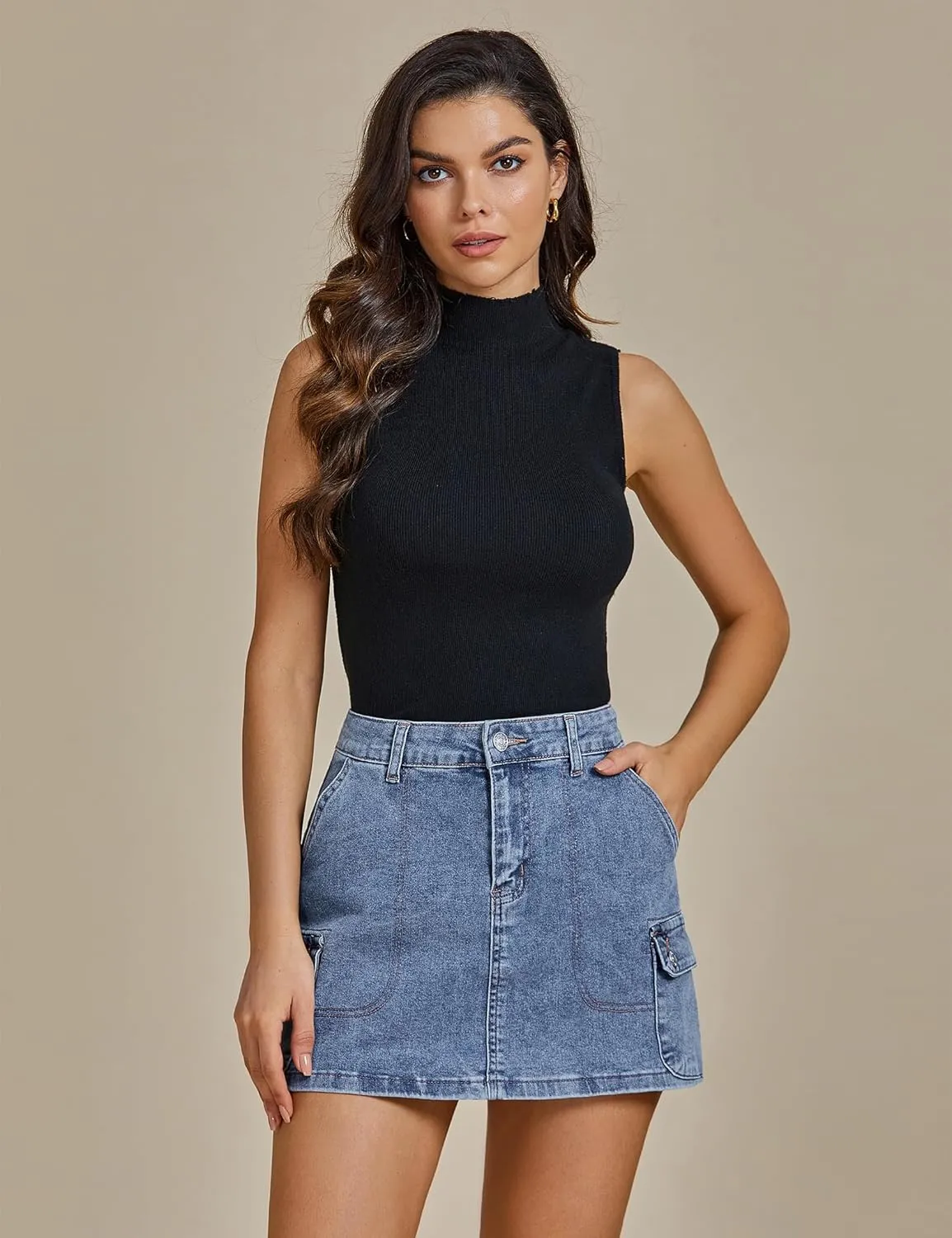 luvamia Jean Skirts for Women Denim Trendy High Waisted Mini Cargo Pockets Stretchy Short Skirt Country Concert Outfits