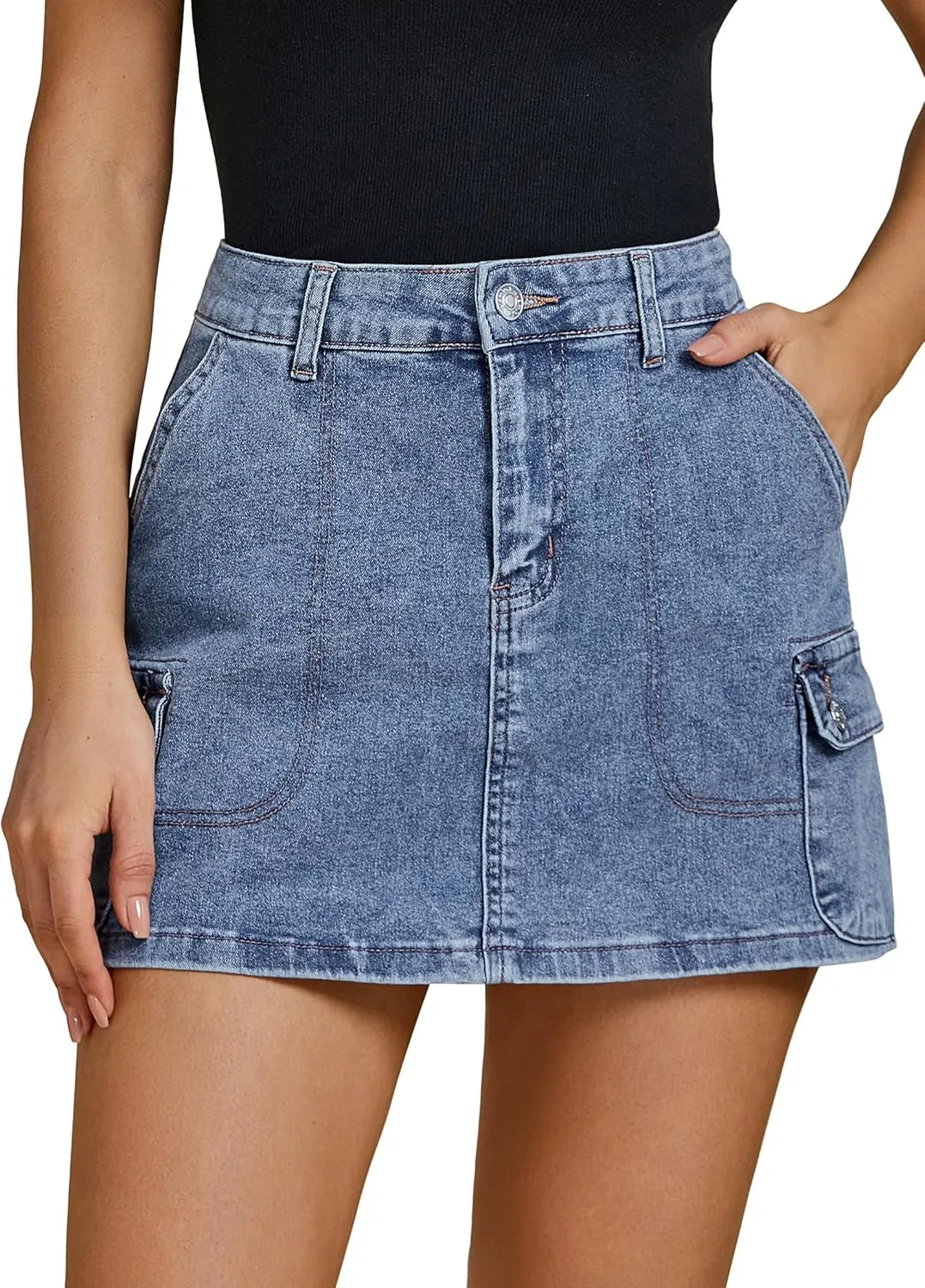 luvamia Jean Skirts for Women Denim Trendy High Waisted Mini Cargo Pockets Stretchy Short Skirt Country Concert Outfits
