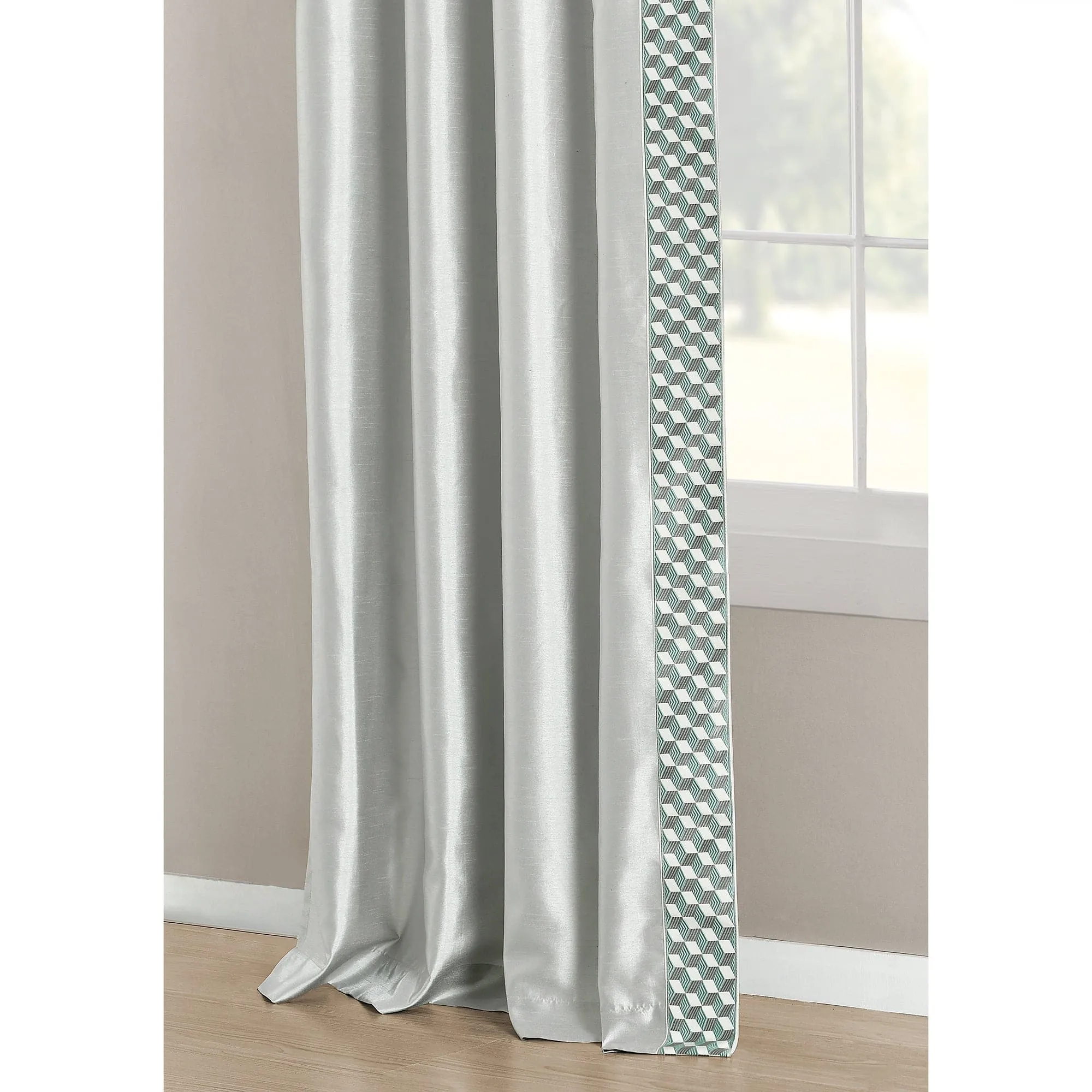Luxury Mid Century Geo Faux Silk Jacquard Border Window Curtain Panel