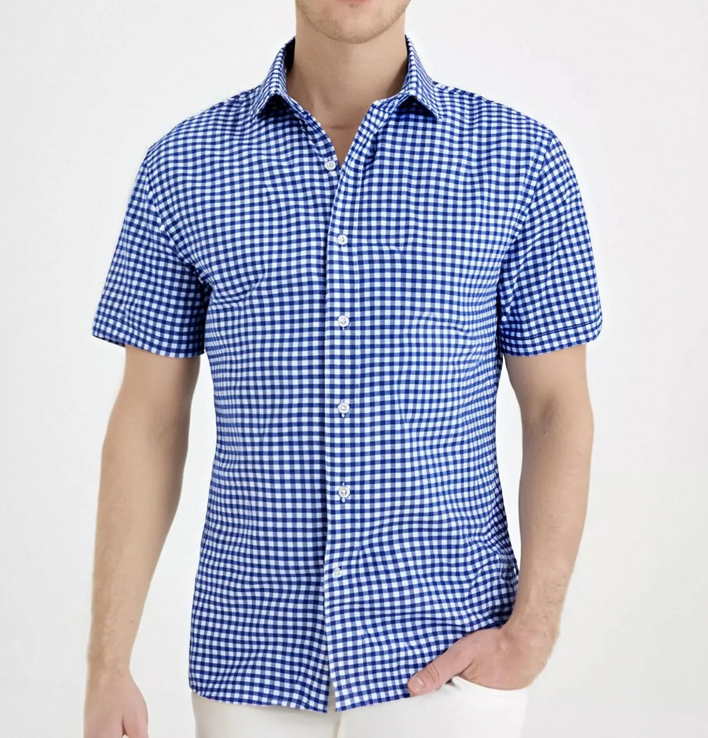 Manwan walk Mens Short Sleeve Plaid Casual Button Down Shirts Gingham Regular Fit Dress Shirts