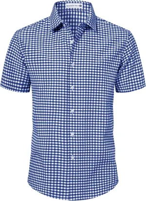 Manwan walk Mens Short Sleeve Plaid Casual Button Down Shirts Gingham Regular Fit Dress Shirts