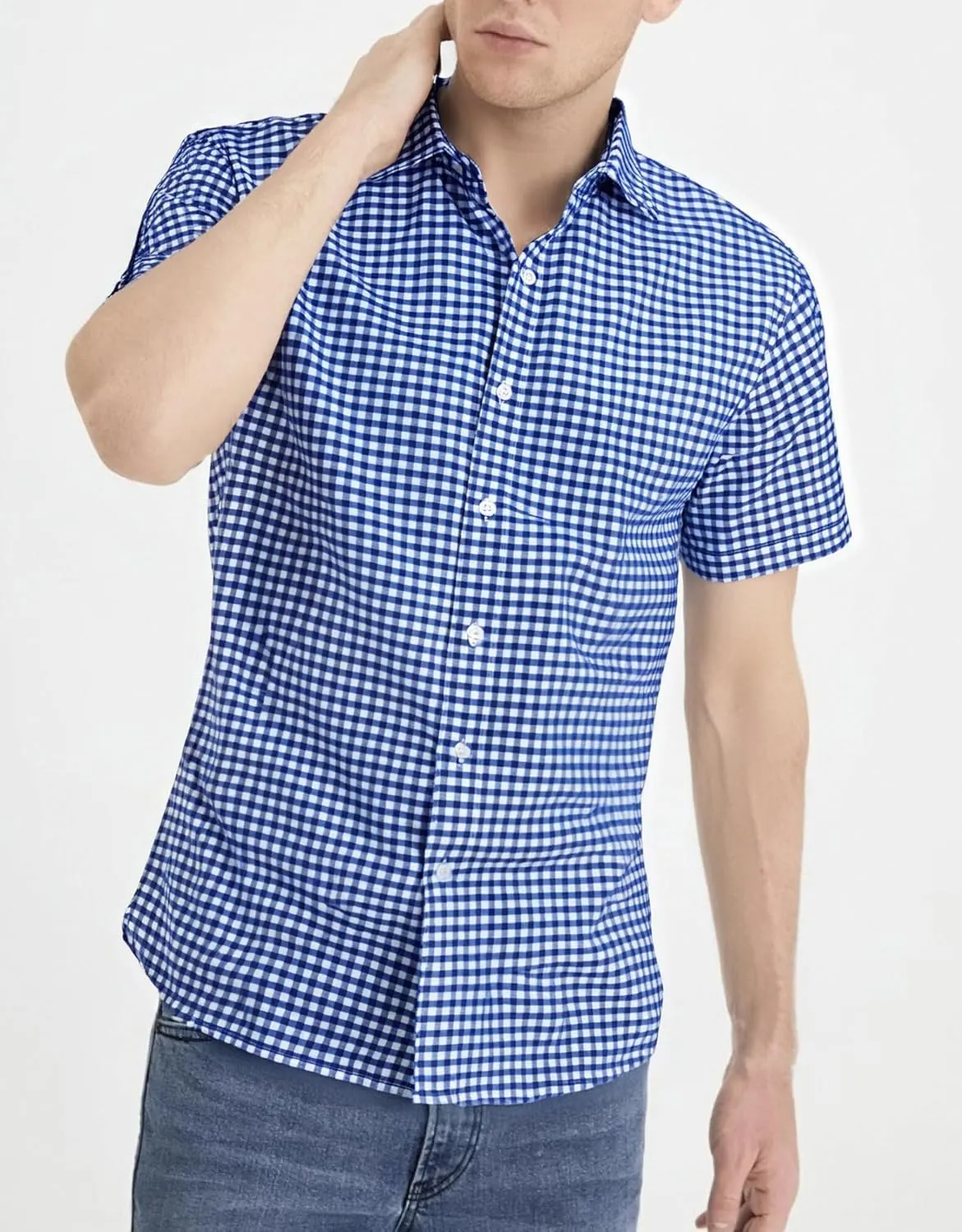 Manwan walk Mens Short Sleeve Plaid Casual Button Down Shirts Gingham Regular Fit Dress Shirts