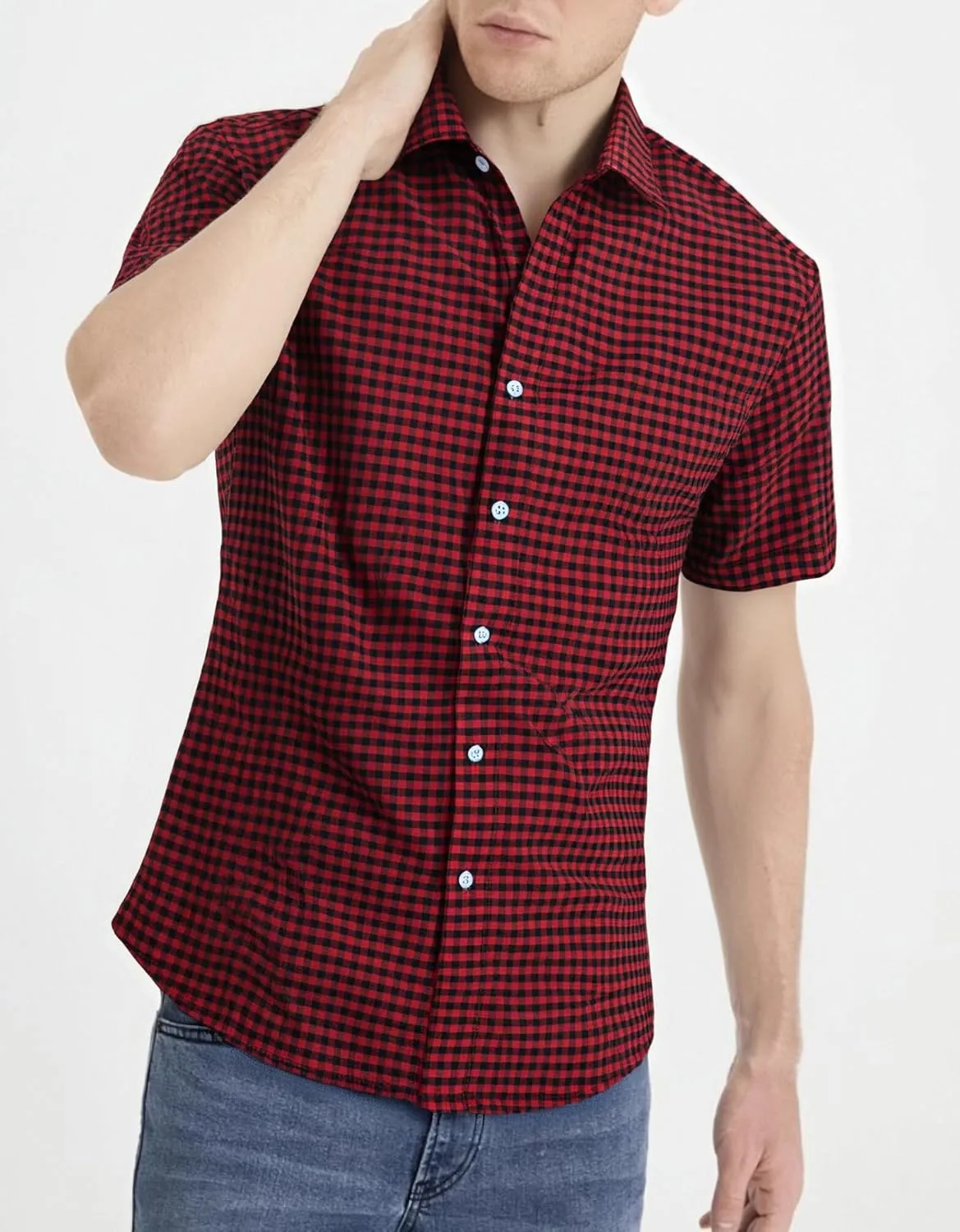 Manwan walk Mens Short Sleeve Plaid Casual Button Down Shirts Gingham Regular Fit Dress Shirts