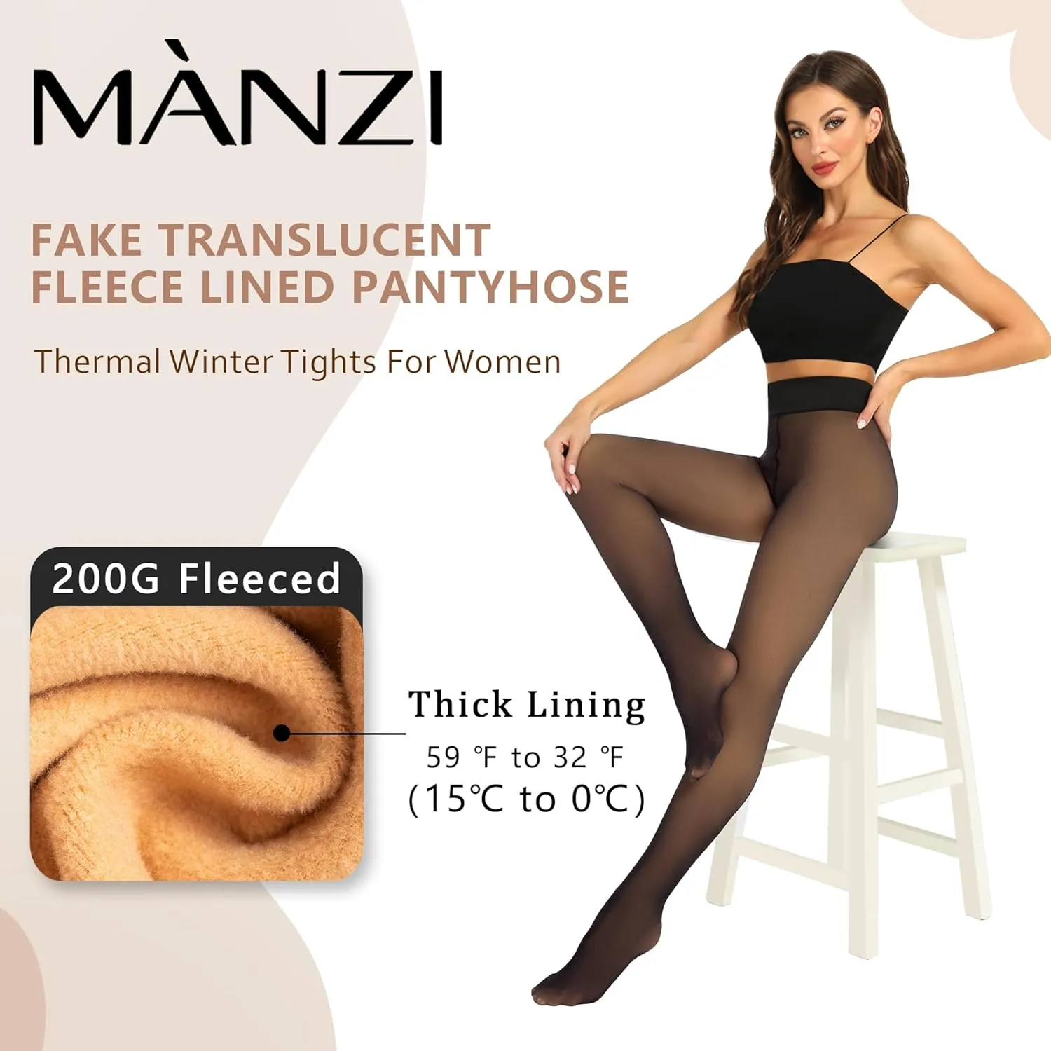 MANZI Women's Fleece Lined Faux Sheer Black Warm Tights Fake Translucent Winter High Waisted Thick Thermal Stockings