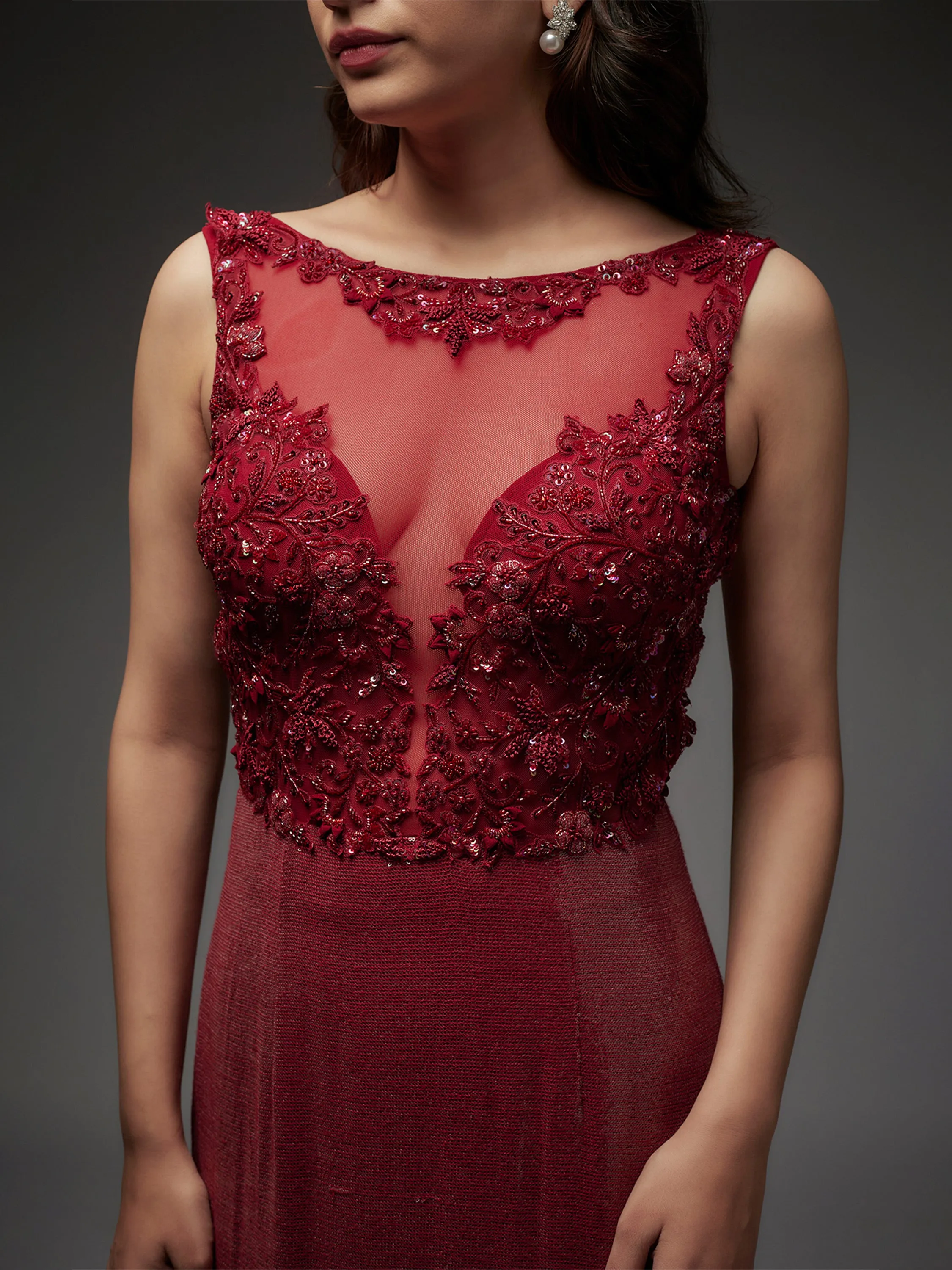 Maroon Hand Embroidered Mesh and Sequin Gown