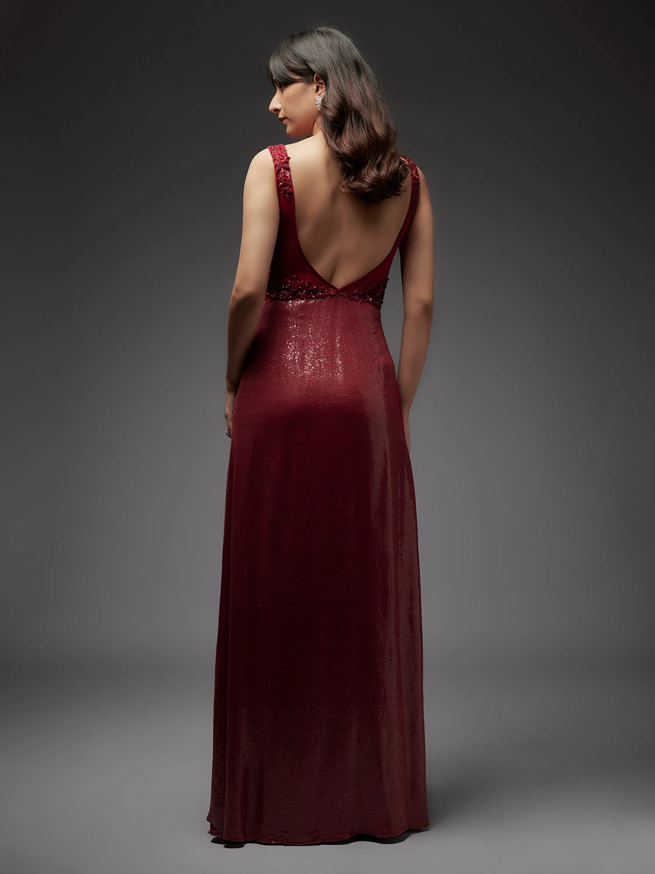 Maroon Hand Embroidered Mesh and Sequin Gown