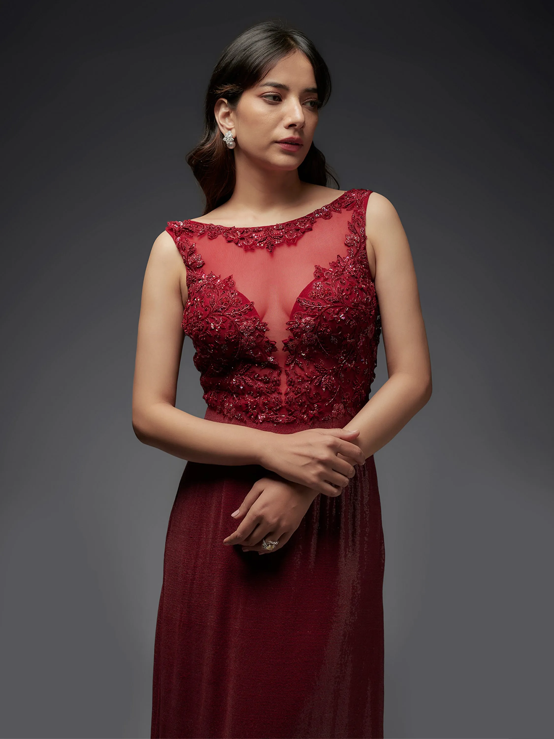 Maroon Hand Embroidered Mesh and Sequin Gown