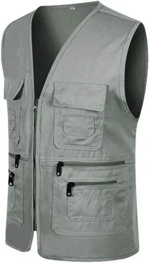 Men Casual Zipper Vest Multi Pockets Sleeveless Waterproof Windproof Spring Gilet Jacket Work Utility Vest for Camp Oversize