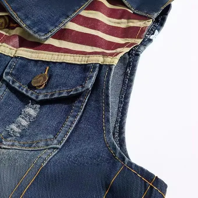 Men's American Flag Retro Ripped Denim Jeans Vest Sleeveless Jacket