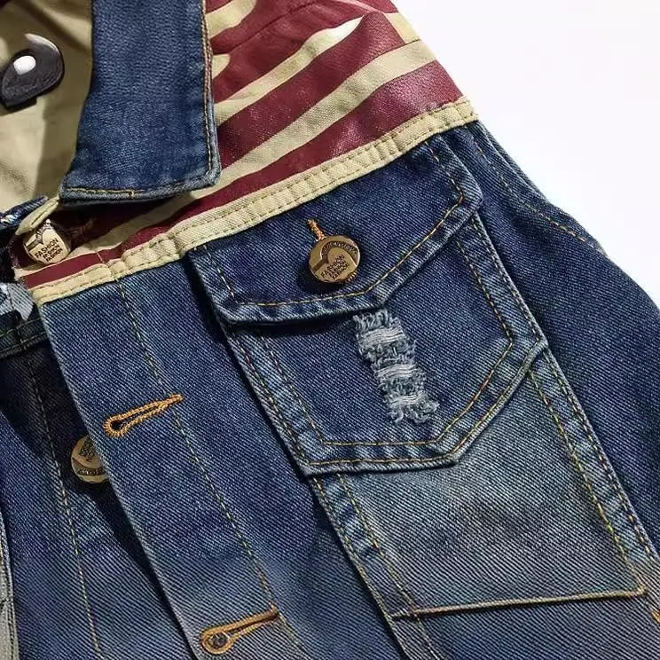 Men's American Flag Retro Ripped Denim Jeans Vest Sleeveless Jacket
