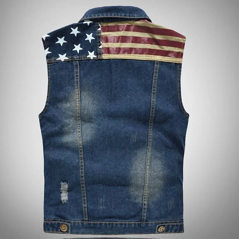 Men's American Flag Retro Ripped Denim Jeans Vest Sleeveless Jacket