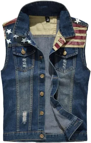 Men's American Flag Retro Ripped Denim Jeans Vest Sleeveless Jacket