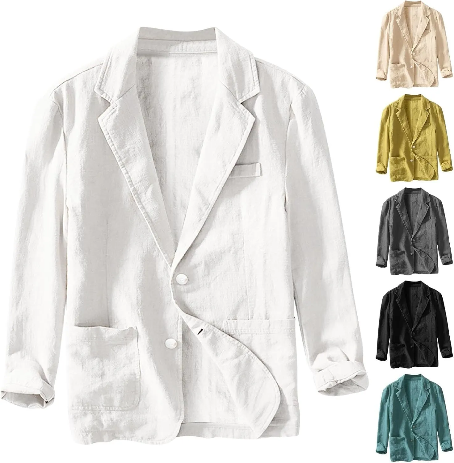 Mens Blazer Casual Cotton-Linen Sport Coat Solid Color Lapel Collar Lightweight 2 Button Unlined Work Suit Jackets