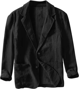 Mens Blazer Casual Cotton-Linen Sport Coat Solid Color Lapel Collar Lightweight 2 Button Unlined Work Suit Jackets