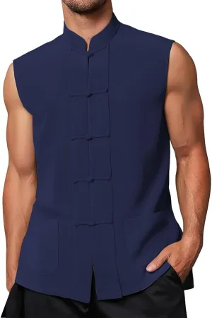 Mens Chinese Waistcoat Sleeveless Vest Jacket Vintage Kung Fu Shirt Uniform Tang Casual Suit Jacket Shirts