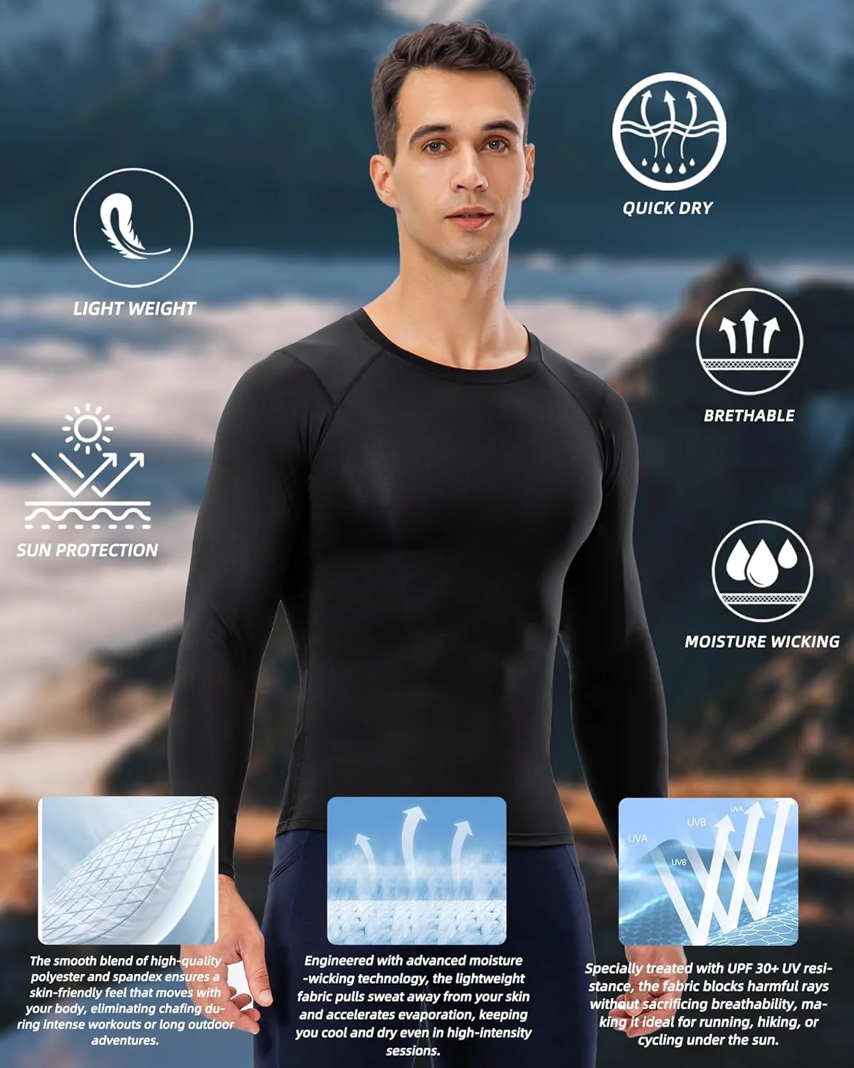 Men's Compression Shirt Long Sleeve Cool Dry Workout Athletic Base Layer Undershirts for Running Basketball Cycling