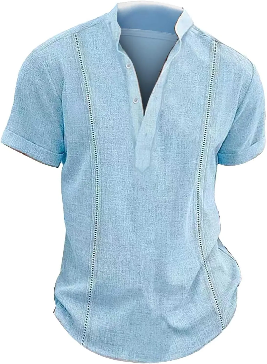 Mens Cotton Linen Henley Shirt Deep V Neck Stand-Up Collar Short Sleeve Casual Shirts Combat Active Loose Outdoor Travel Tops