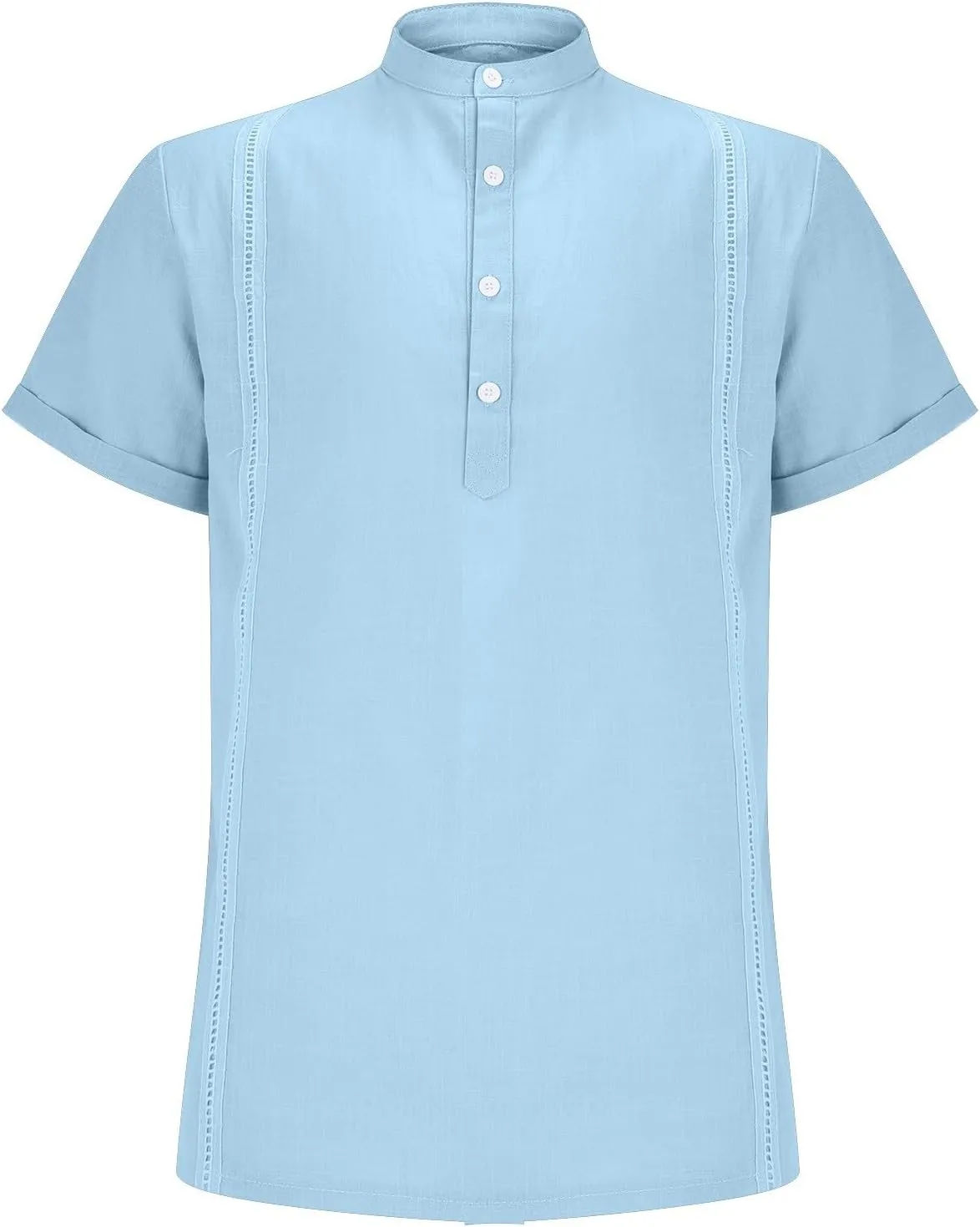 Mens Cotton Linen Henley Shirt Deep V Neck Stand-Up Collar Short Sleeve Casual Shirts Combat Active Loose Outdoor Travel Tops
