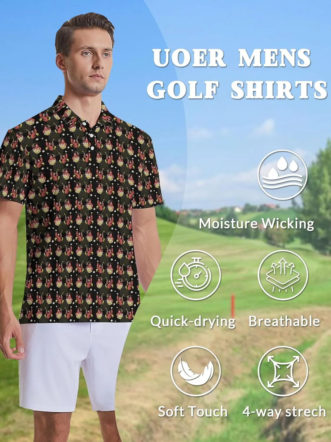 Men's Golf Shirts Moisture Wicking Quick Dry Performance Golf Polo Shirts for Men Fashion Print Short Sleeve Polo Shirts