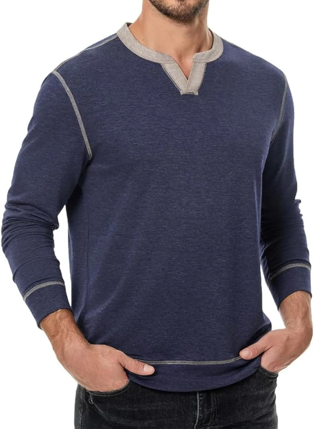 Mens Henley Long Sleeve Shirts Fall Lightweight Sweatshirts Casual V Neck Slim Fit Pullover T-Shirt