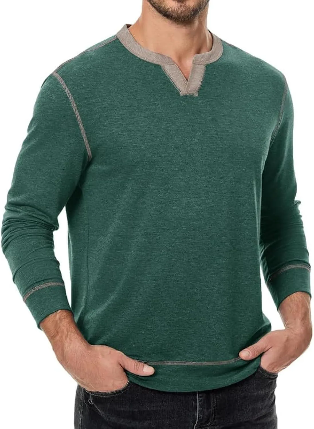 Mens Henley Long Sleeve Shirts Fall Lightweight Sweatshirts Casual V Neck Slim Fit Pullover T-Shirt