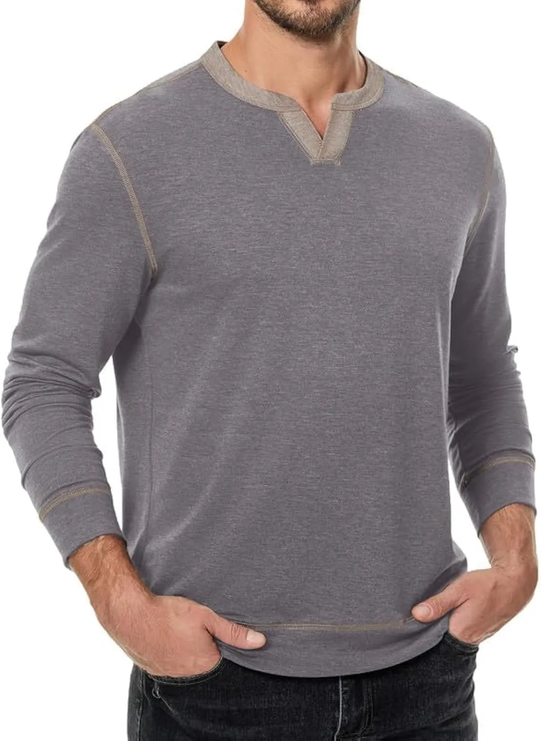 Mens Henley Long Sleeve Shirts Fall Lightweight Sweatshirts Casual V Neck Slim Fit Pullover T-Shirt