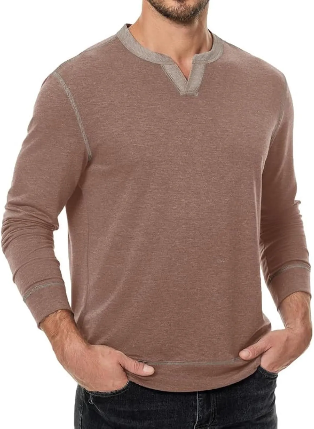 Mens Henley Long Sleeve Shirts Fall Lightweight Sweatshirts Casual V Neck Slim Fit Pullover T-Shirt