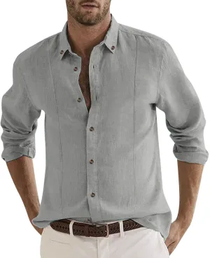 Mens Linen Shirt Long Sleeve Slim Fit Shirts with Fixed Collar Buttons Formal Business Blouses Summer Casual Tee Tops