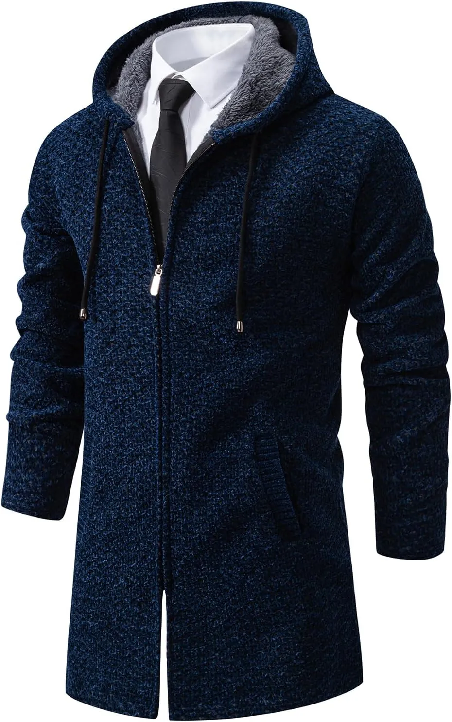Mens Long Cardigan Hoodies Full Zip Fleece Lined Sweaters Fashion Knitted Men Regular Fit Sweater Hooded Coat