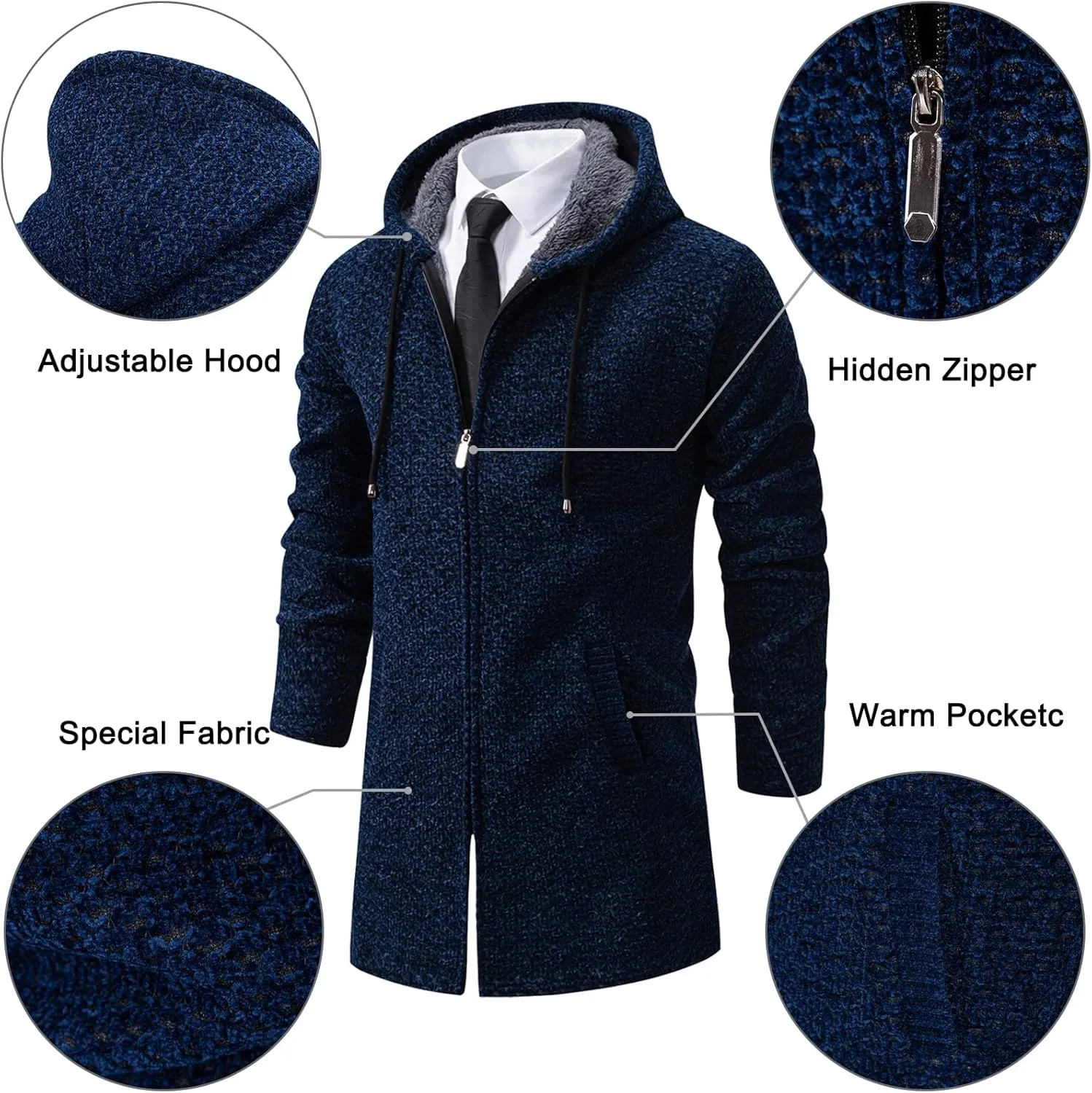 Mens Long Cardigan Hoodies Full Zip Fleece Lined Sweaters Fashion Knitted Men Regular Fit Sweater Hooded Coat