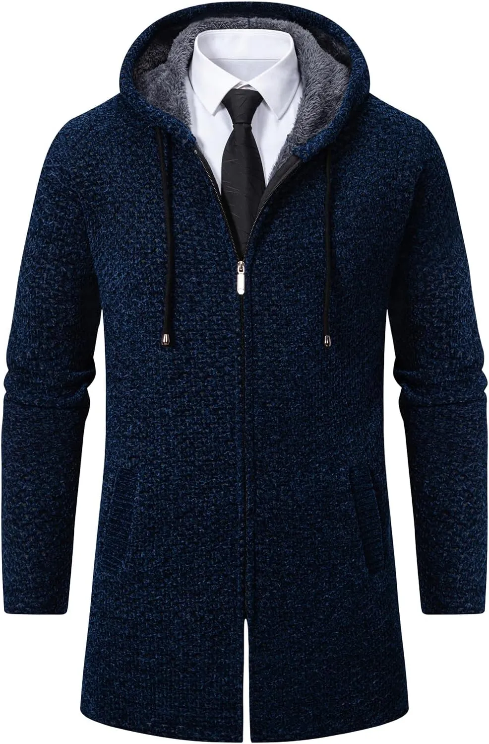 Mens Long Cardigan Hoodies Full Zip Fleece Lined Sweaters Fashion Knitted Men Regular Fit Sweater Hooded Coat