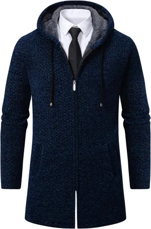 Mens Long Cardigan Hoodies Full Zip Fleece Lined Sweaters Fashion Knitted Men Regular Fit Sweater Hooded Coat