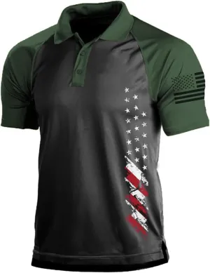 Men's Polo Shirt Short Sleeve Quick Dry American Flag Print Graphic Split Color Golf Shirt for Sport