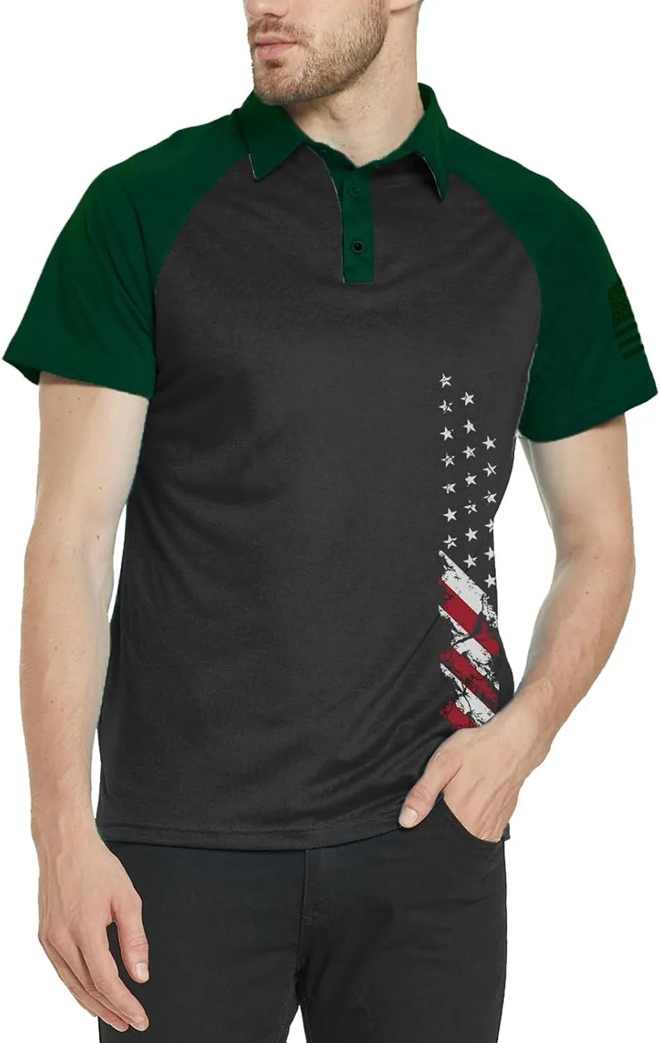 Men's Polo Shirt Short Sleeve Quick Dry American Flag Print Graphic Split Color Golf Shirt for Sport
