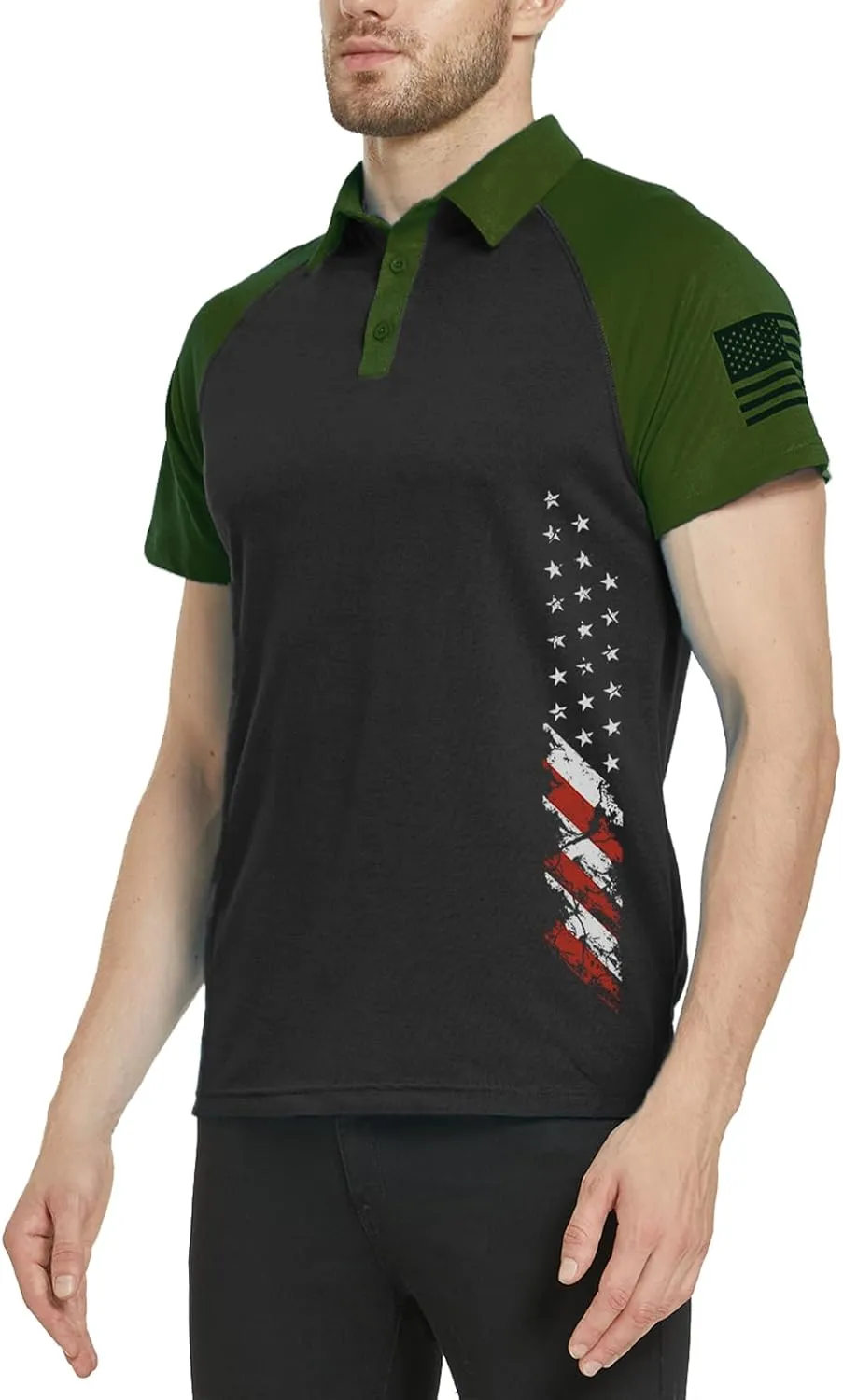 Men's Polo Shirt Short Sleeve Quick Dry American Flag Print Graphic Split Color Golf Shirt for Sport