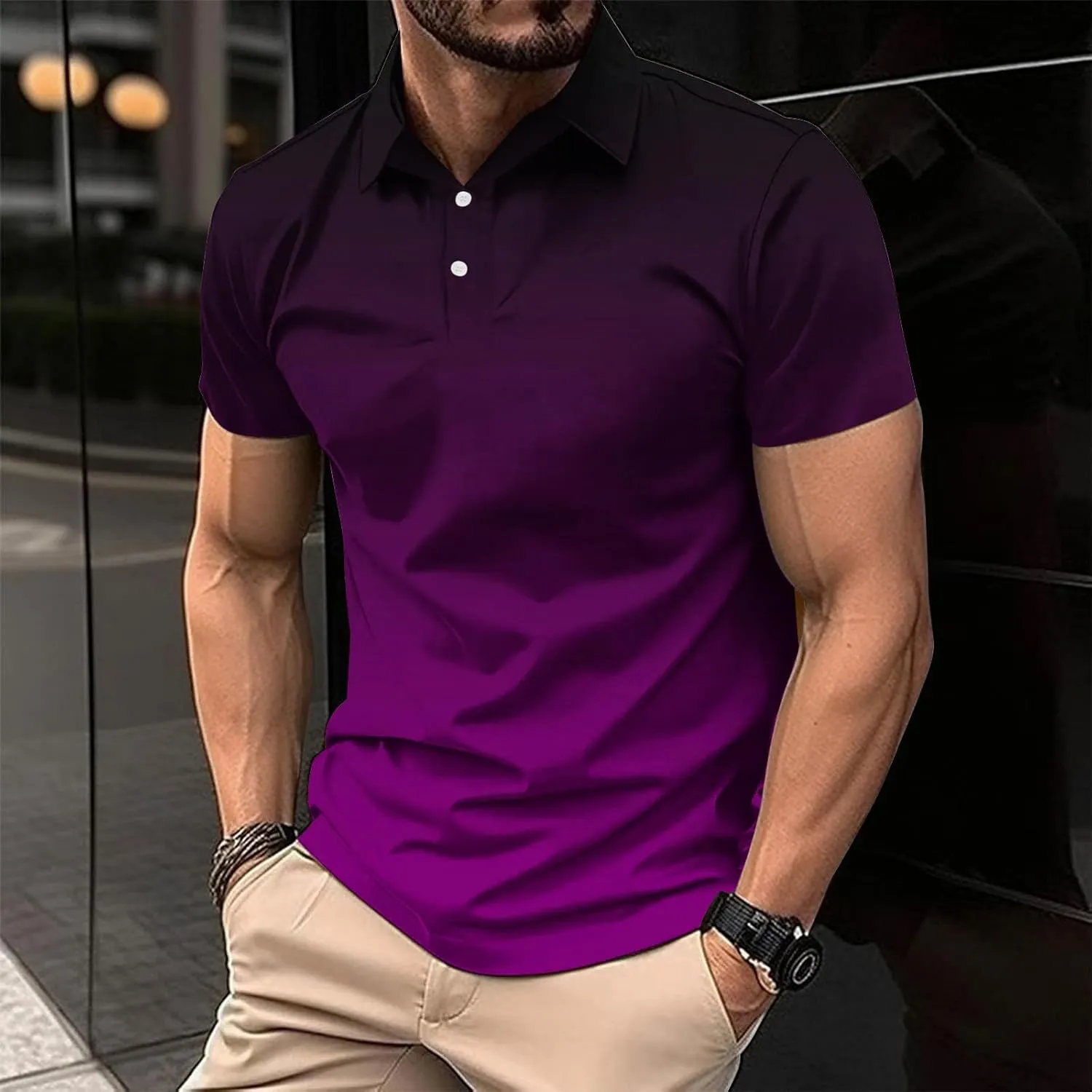 Mens Polo Shirts Short Sleeve Gradient Color Gym Workout Golf T-Shirt Casual Fashion V Neck Button Down Tops 2025