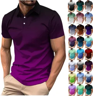 Mens Polo Shirts Short Sleeve Gradient Color Gym Workout Golf T-Shirt Casual Fashion V Neck Button Down Tops 2025