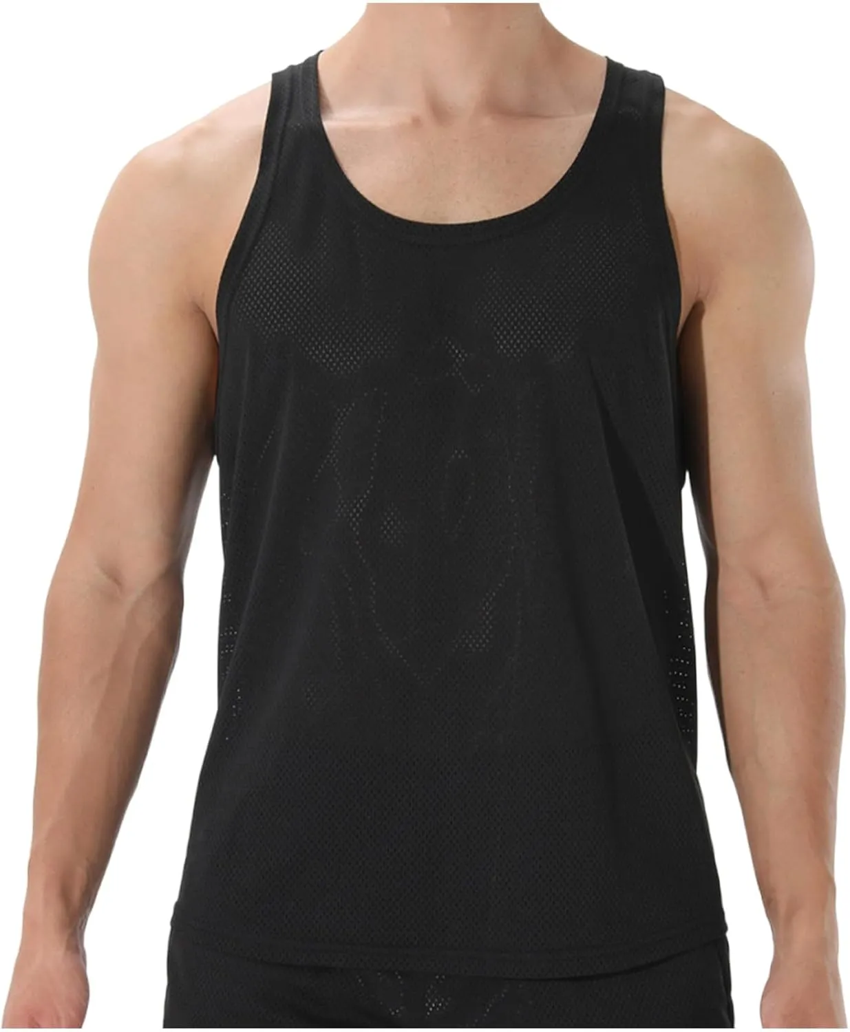 Men's Round Neck Workout Tank Top Mesh Racerback Sleeveless Gym Muscle T Shirts Summer Quick Dry Breath Athletic Shirt