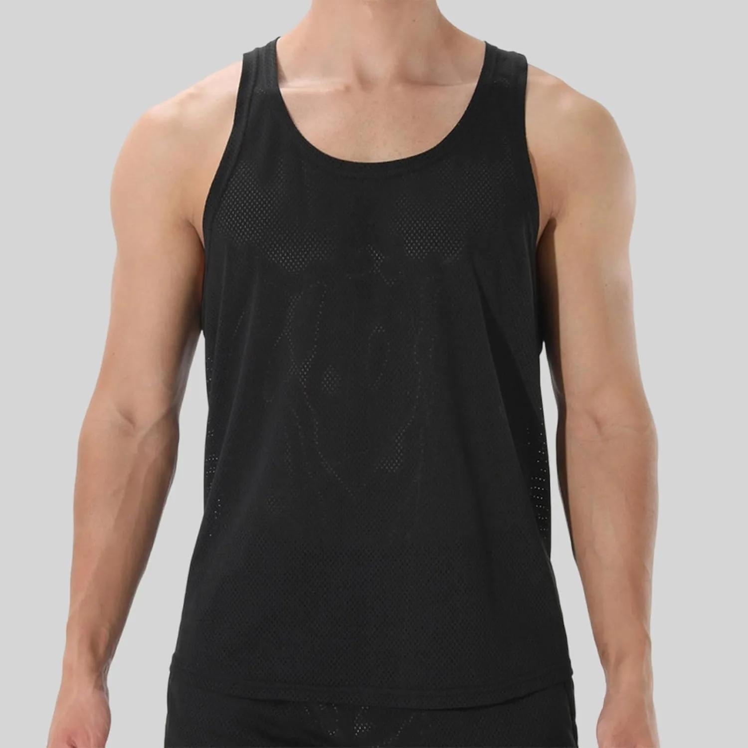 Men's Round Neck Workout Tank Top Mesh Racerback Sleeveless Gym Muscle T Shirts Summer Quick Dry Breath Athletic Shirt