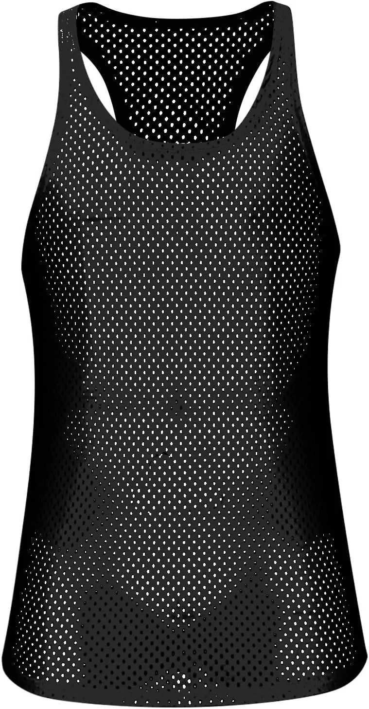 Men's Round Neck Workout Tank Top Mesh Racerback Sleeveless Gym Muscle T Shirts Summer Quick Dry Breath Athletic Shirt